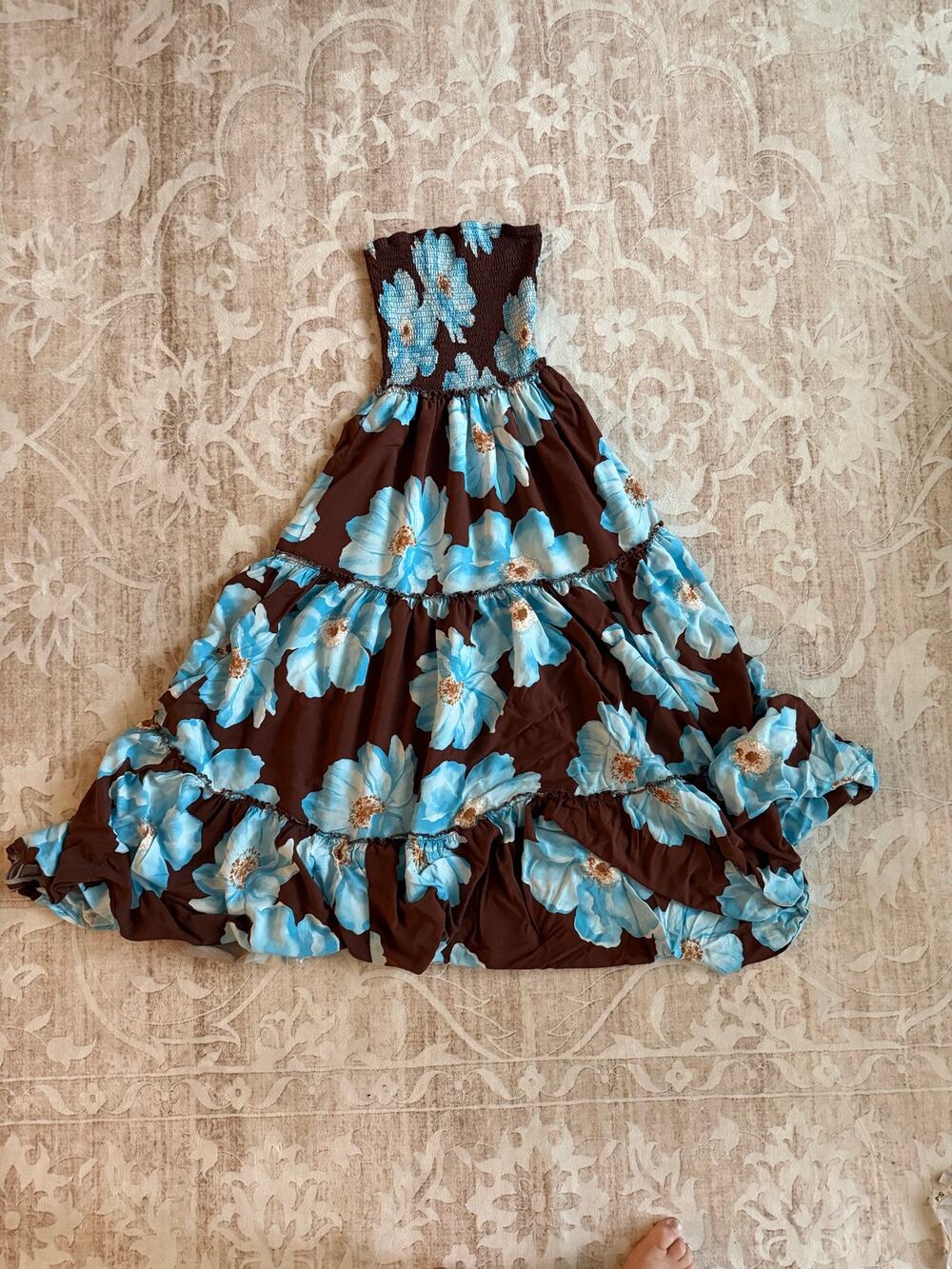 Abel the Label Women's Blue and Brown Strapless Floral Maxi Dress
